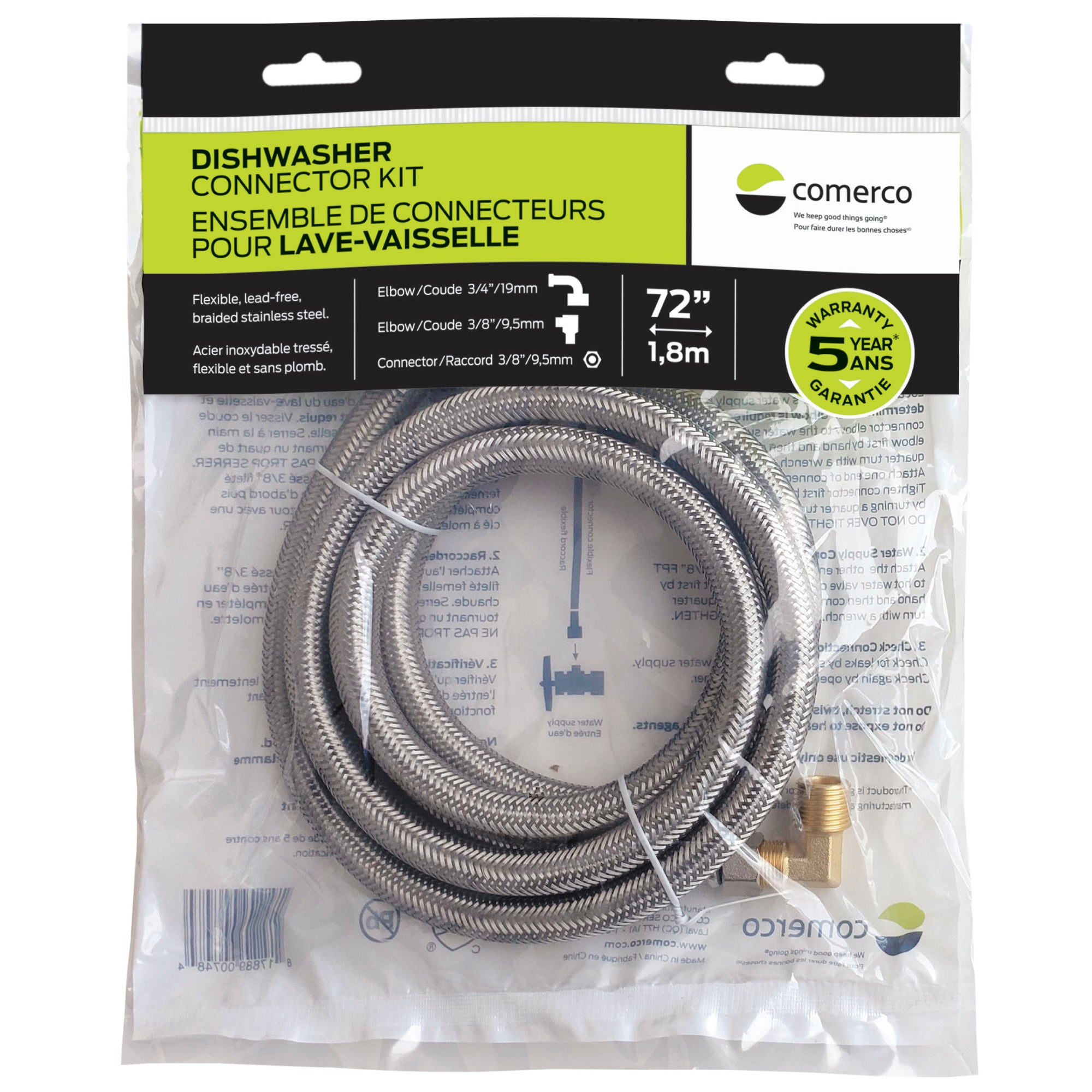 Dishwasher Connector Kit 72'' / 1.8 m - Braided Stainless Steel